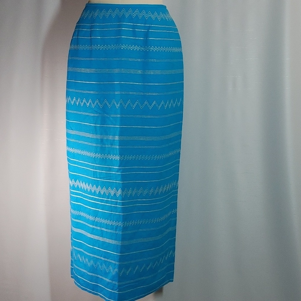 Turquoise Linen Long Pencil Skirt Silver Embroidery 4/6